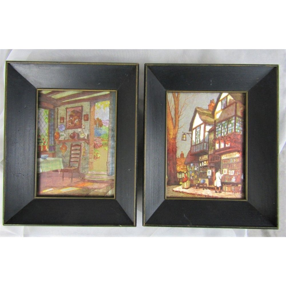 VTG Mid-Century Ernest Uden Foil Lithograph Framed Art Cottage Kitchen Village